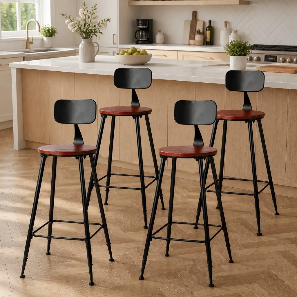 Bar Stools Industrial Metal Black 74cm Pinewood Seat Reinforced Steel Frame Curved Backrest Set of 4