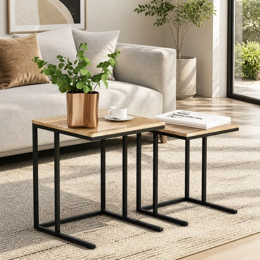 Nesting Side Table Set Industrial Style Dark Wood 2 Piece Particle Board and Steel