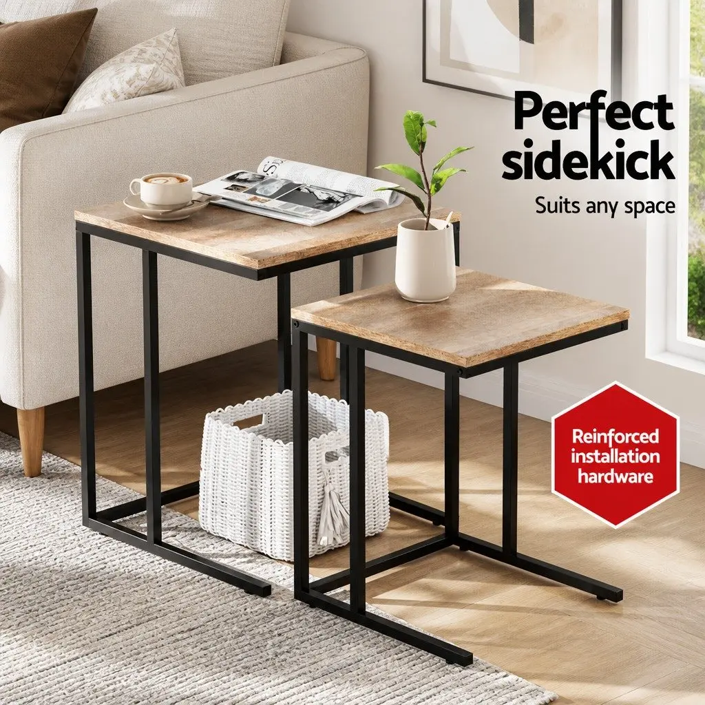 Nesting Side Table Set Industrial Style Dark Wood 2 Piece Particle Board and Steel
