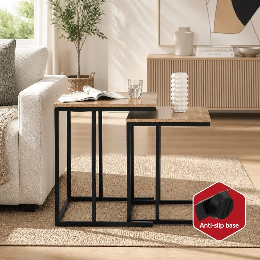 Nesting Side Table Set Industrial Style Dark Wood 2 Piece Particle Board and Steel