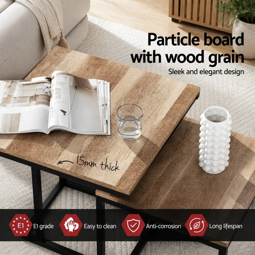 Nesting Side Table Set Industrial Style Dark Wood 2 Piece Particle Board and Steel
