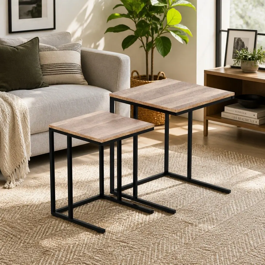 Nesting Side Table Set Industrial Style Dark Wood 2 Piece Particle Board and Steel