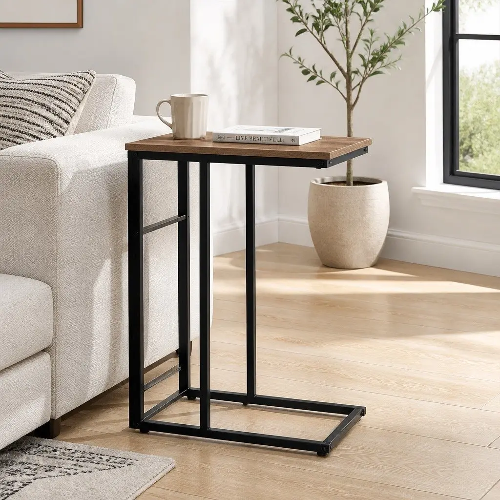 Industrial Side Table C-Shape Compact Wood Particle Board Steel Legs 47cm x 27cm x 64cm