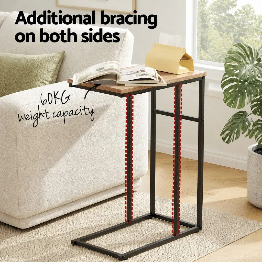 Industrial Side Table C-Shape Compact Wood Particle Board Steel Legs 47cm x 27cm x 64cm