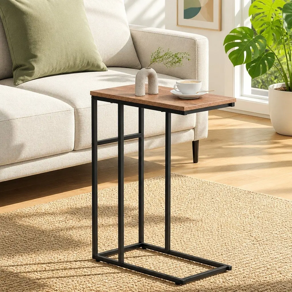 Industrial Side Table C-Shape Compact Wood Particle Board Steel Legs 47cm x 27cm x 64cm