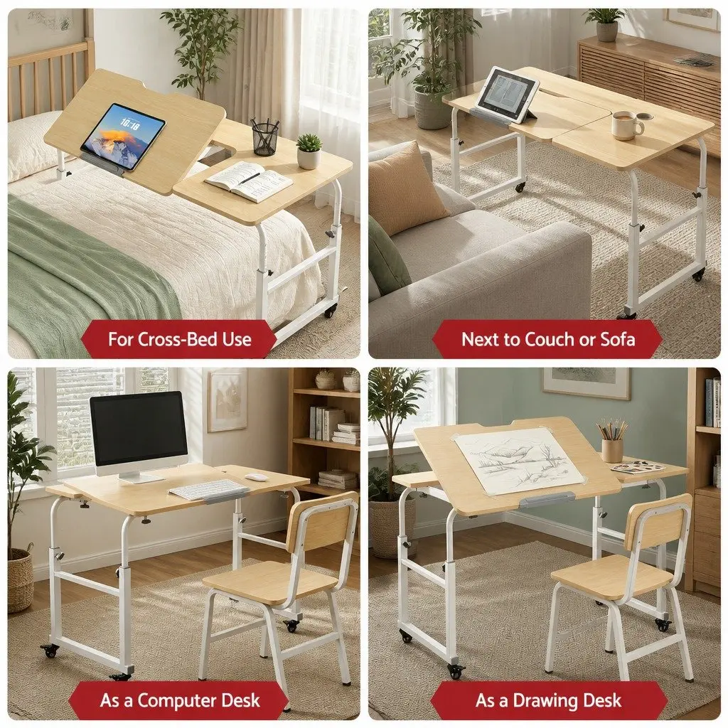 Natural Adjustable Mobile Laptop Desk with Wheels