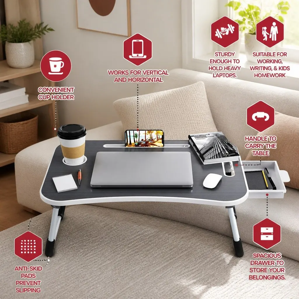 Laptop Desk Foldable Portable 60 x 40 cm MDF Steel for Home Office Study Writing