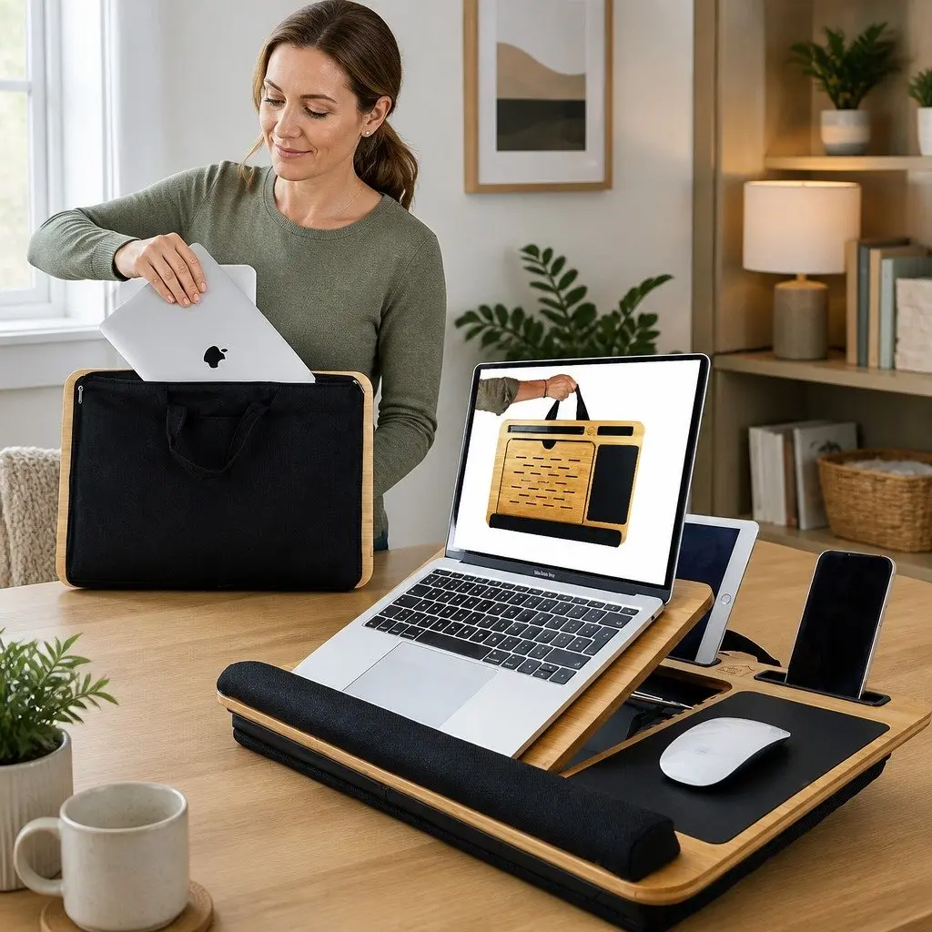 Bamboo Laptop Lap Desk Adjustable Angle with Cushion and Tablet Phone Holder