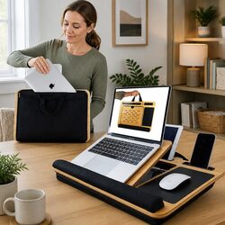 Bamboo Adjustable Laptop Lap Desk with Cushion and Holder