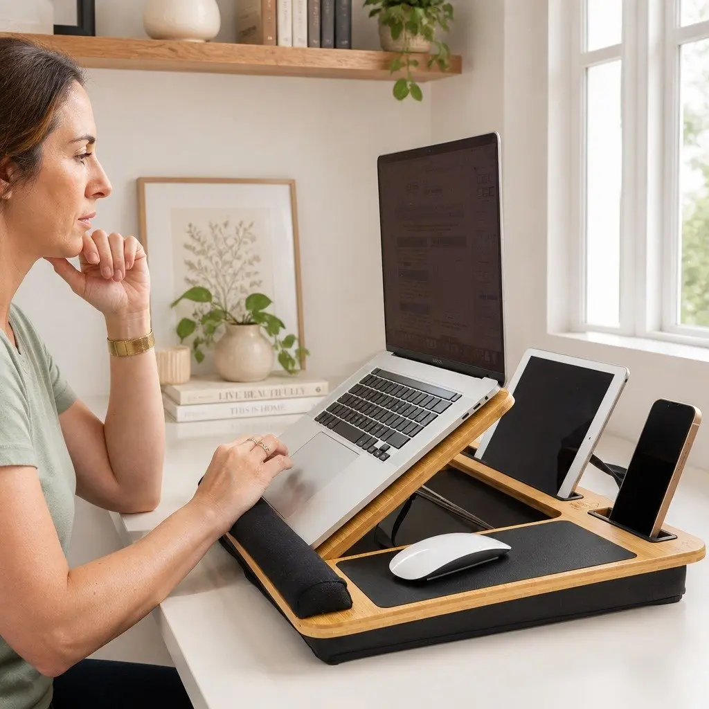 Bamboo Laptop Lap Desk Adjustable Angle with Cushion and Tablet Phone Holder
