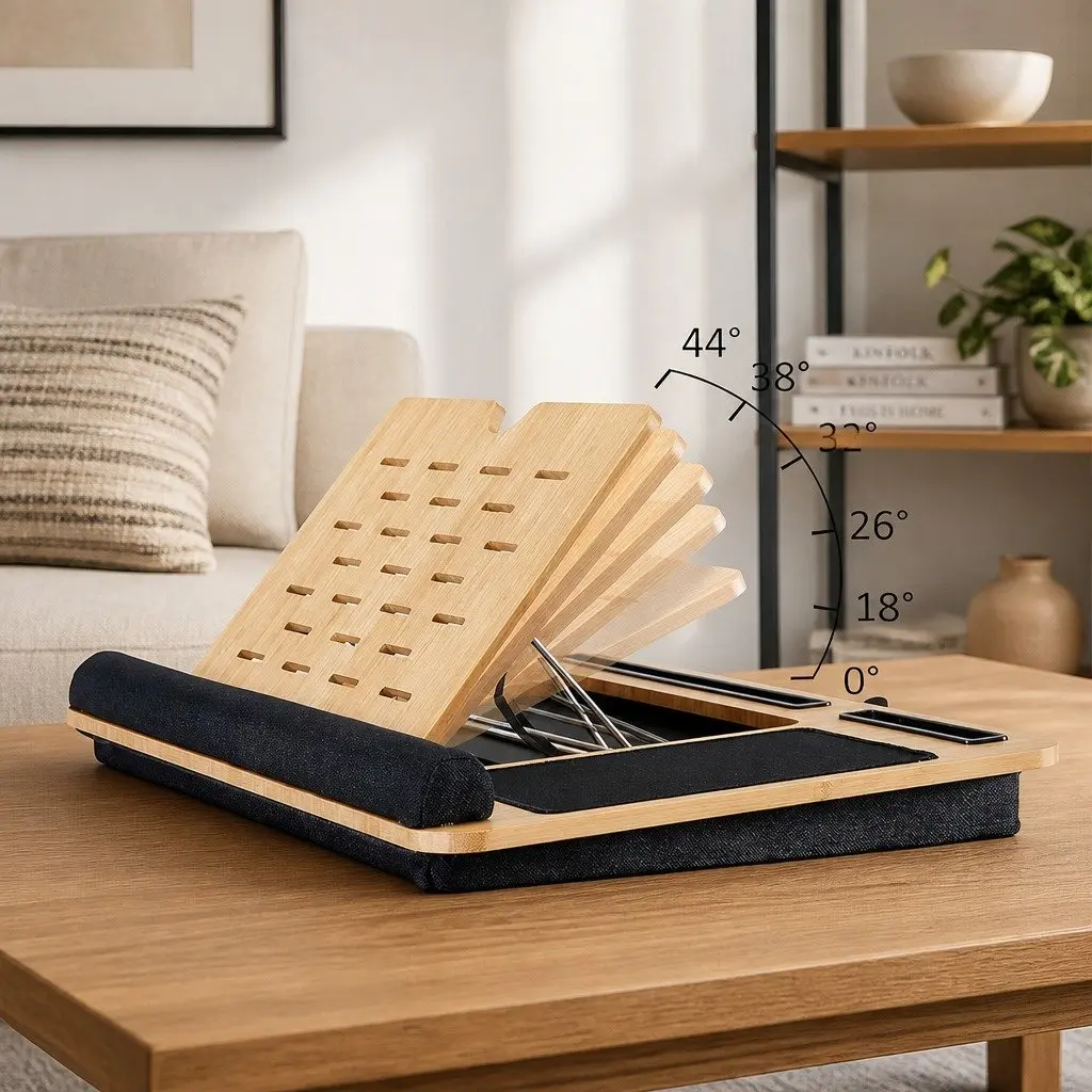 Bamboo Laptop Lap Desk Adjustable Angle with Cushion and Tablet Phone Holder