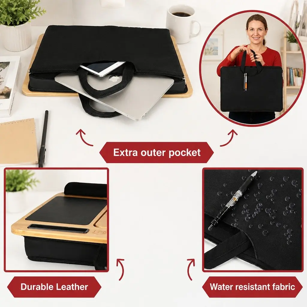 Bamboo Laptop Lap Desk Adjustable Angle with Cushion and Tablet Phone Holder