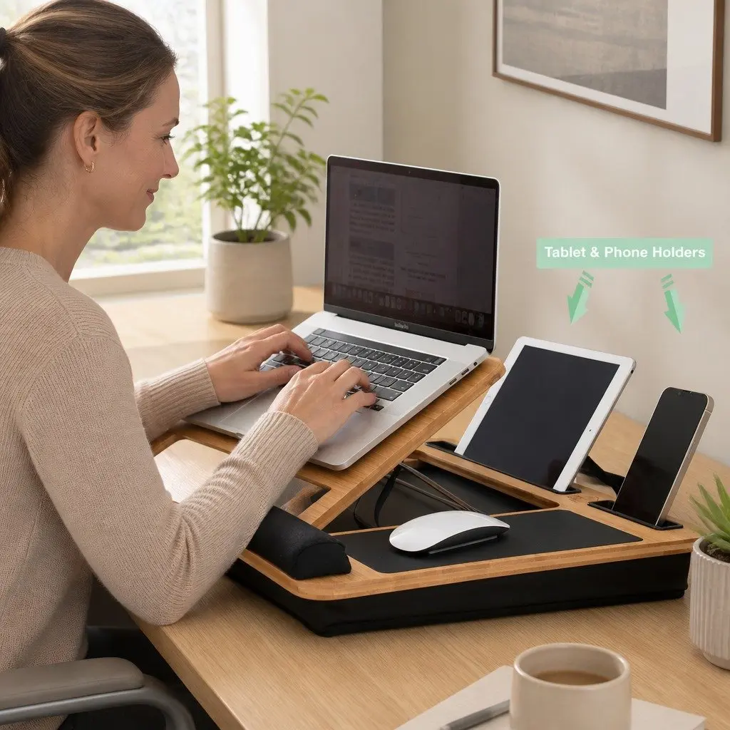 Bamboo Laptop Lap Desk Adjustable Angle with Cushion and Tablet Phone Holder