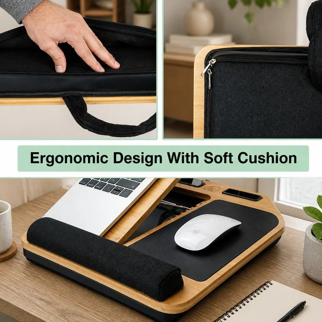 Bamboo Laptop Lap Desk Adjustable Angle with Cushion and Tablet Phone Holder