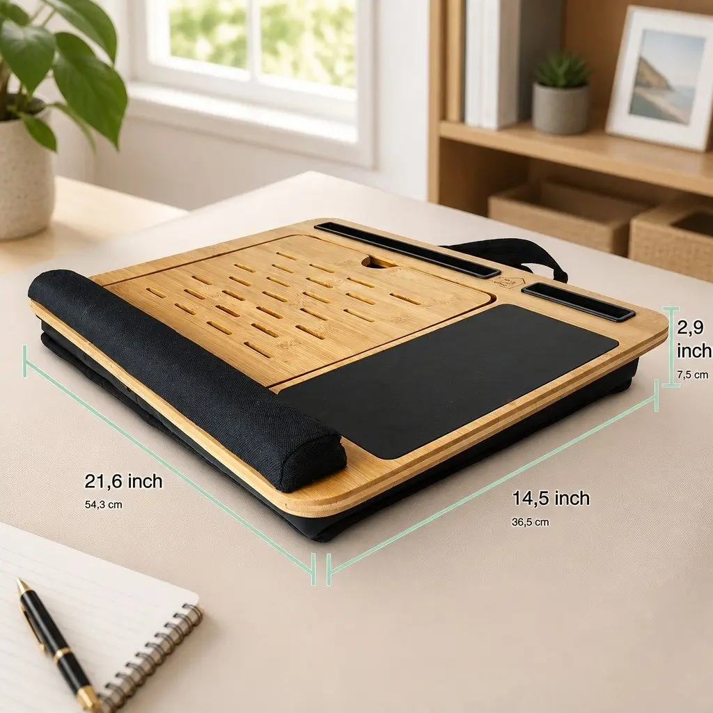 Bamboo Laptop Lap Desk Adjustable Angle with Cushion and Tablet Phone Holder