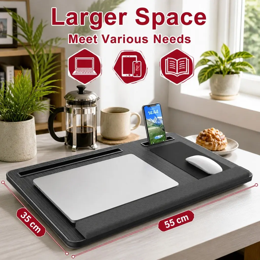 Portable Lap Desk Oversized Black 17 Inch High Density MDF with Cushion Mouse Pad Tablet Phone Holder