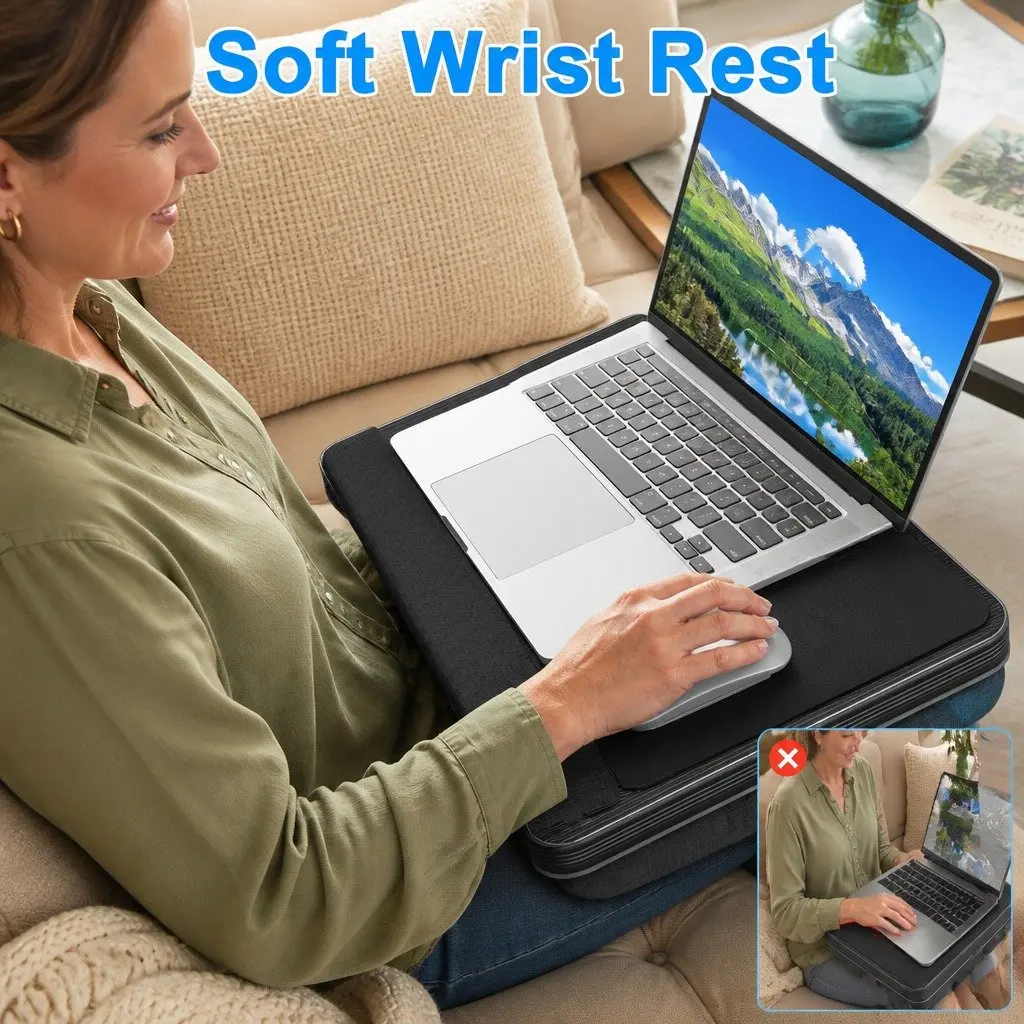 Portable Lap Desk Oversized Black 17 Inch High Density MDF with Cushion Mouse Pad Tablet Phone Holder