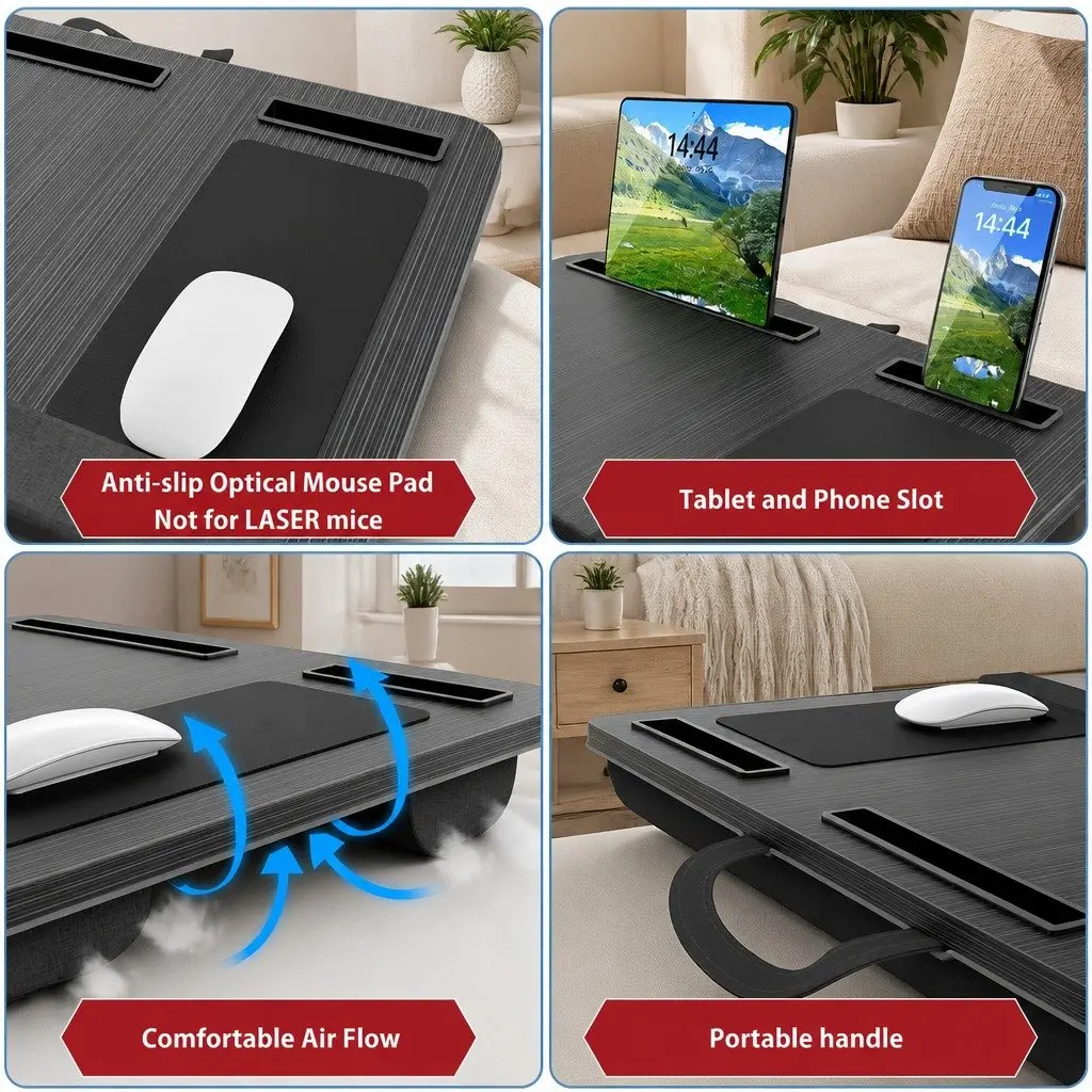 Portable Lap Desk Oversized Black 17 Inch High Density MDF with Cushion Mouse Pad Tablet Phone Holder