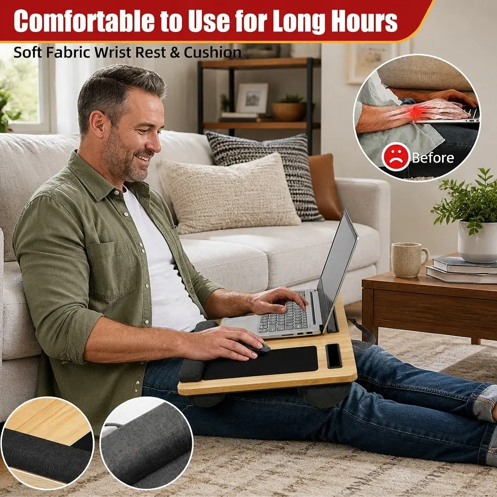 Portable Lap Desk Oversized Black 17 Inch High Density MDF with Cushion Mouse Pad Tablet Phone Holder