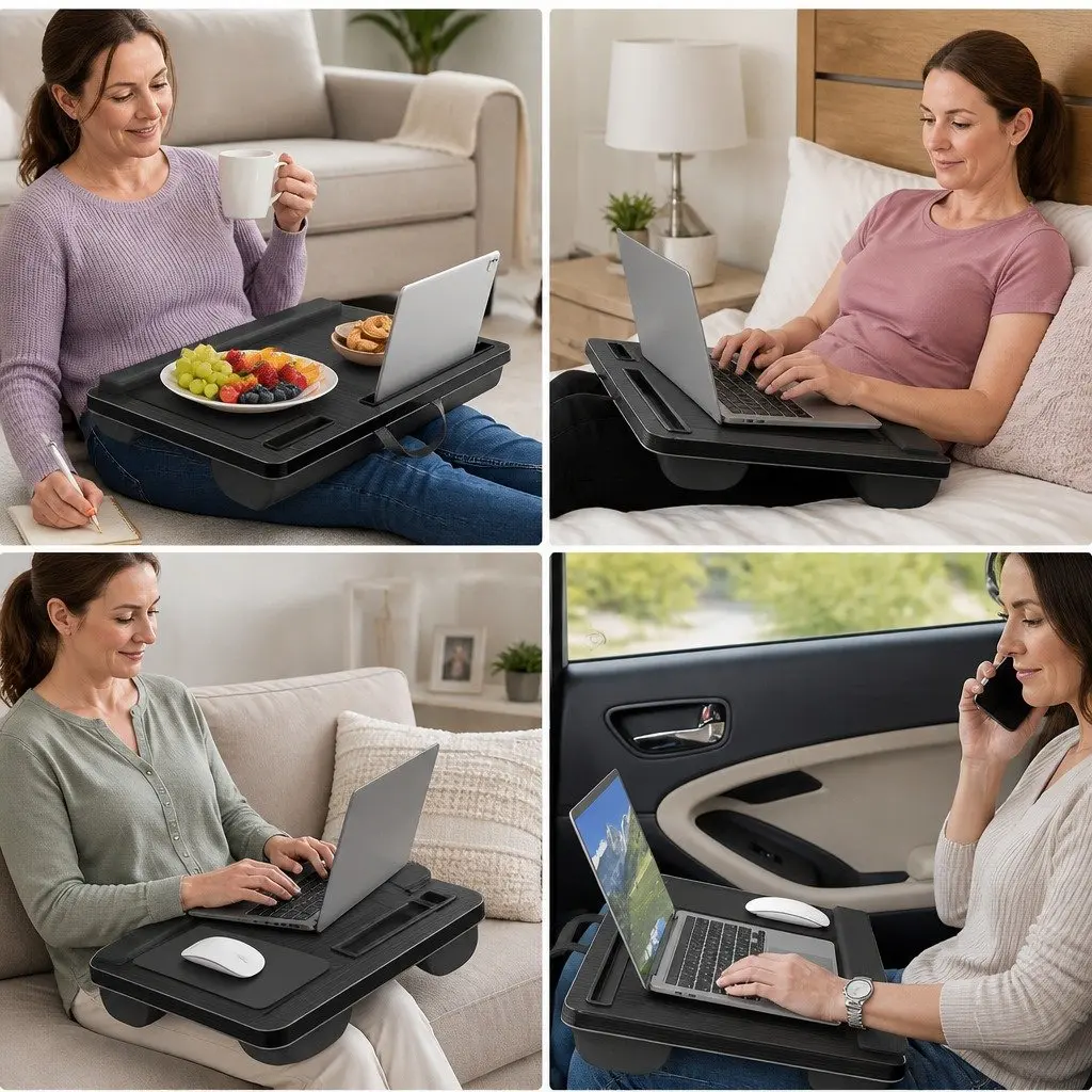 Portable Lap Desk Oversized Black 17 Inch High Density MDF with Cushion Mouse Pad Tablet Phone Holder