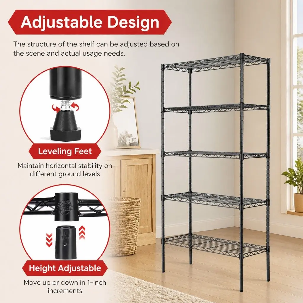 5-Tier Adjustable Metal Storage Shelves Wire Rack Organizer Kitchen Pantry