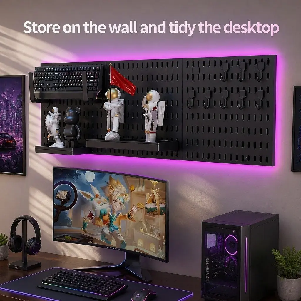 Pegboard Wall Organizer Kit Black Modular Panels 30 x 30 cm ABS 3 Panels 17 Accessories