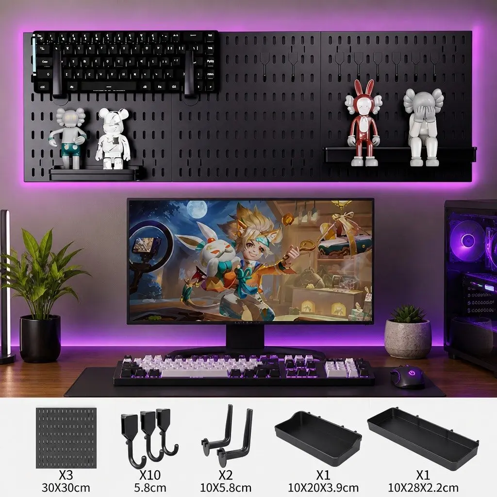 Pegboard Wall Organizer Kit Black Modular Panels 30 x 30 cm ABS 3 Panels 17 Accessories