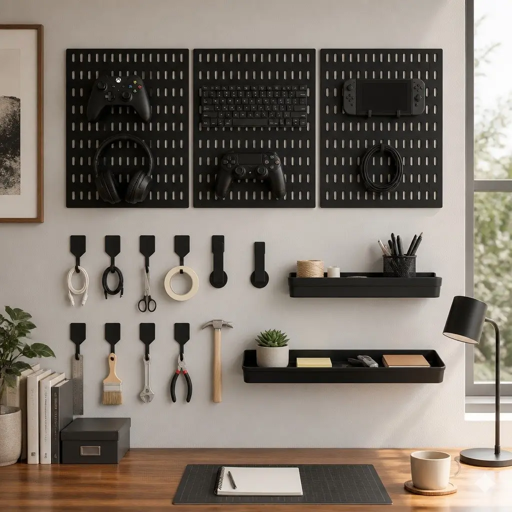 Pegboard Wall Organizer Kit Black Modular Panels 30 x 30 cm ABS 3 Panels 17 Accessories