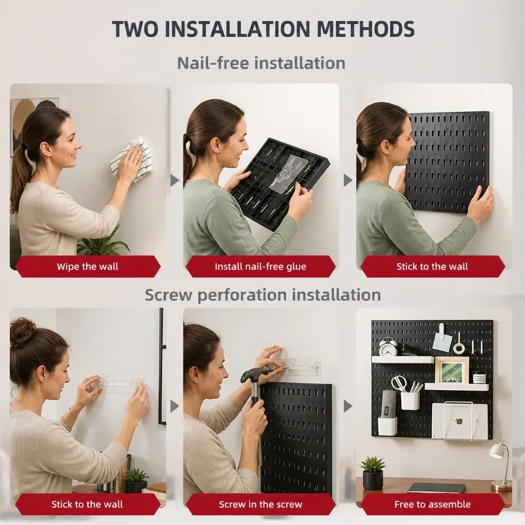 Pegboard Wall Organizer Kit Black Modular Panels 4 Panels ABS Plastic