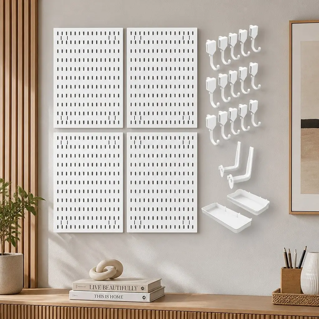 Pegboard Wall Organizer Kit Black Modular Panels 4 Panels ABS Plastic