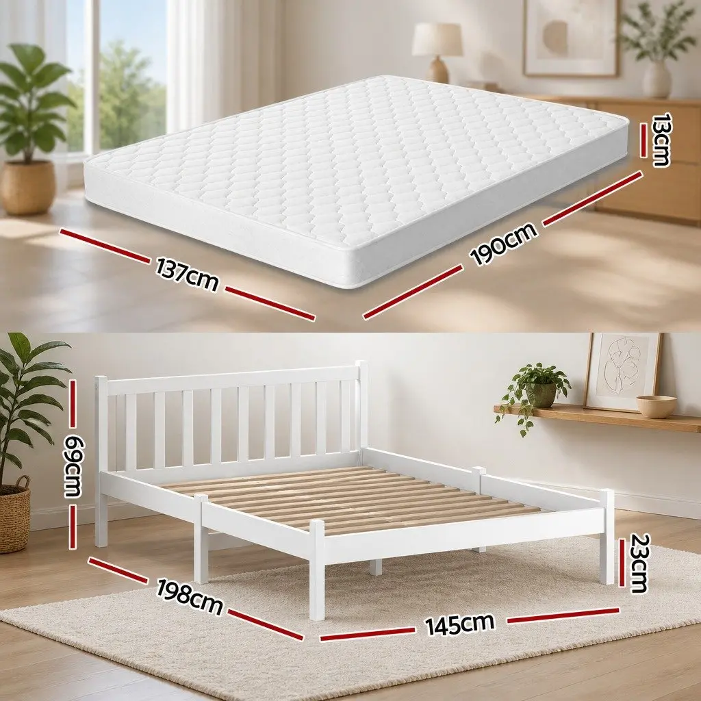 Double Mattress and Wooden Bed Frame in Natural Pine