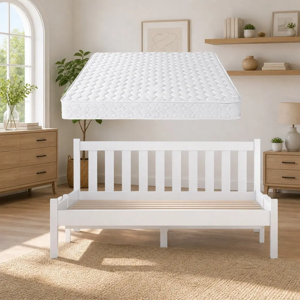 Double Mattress and Wooden Bed Frame in Natural Pine
