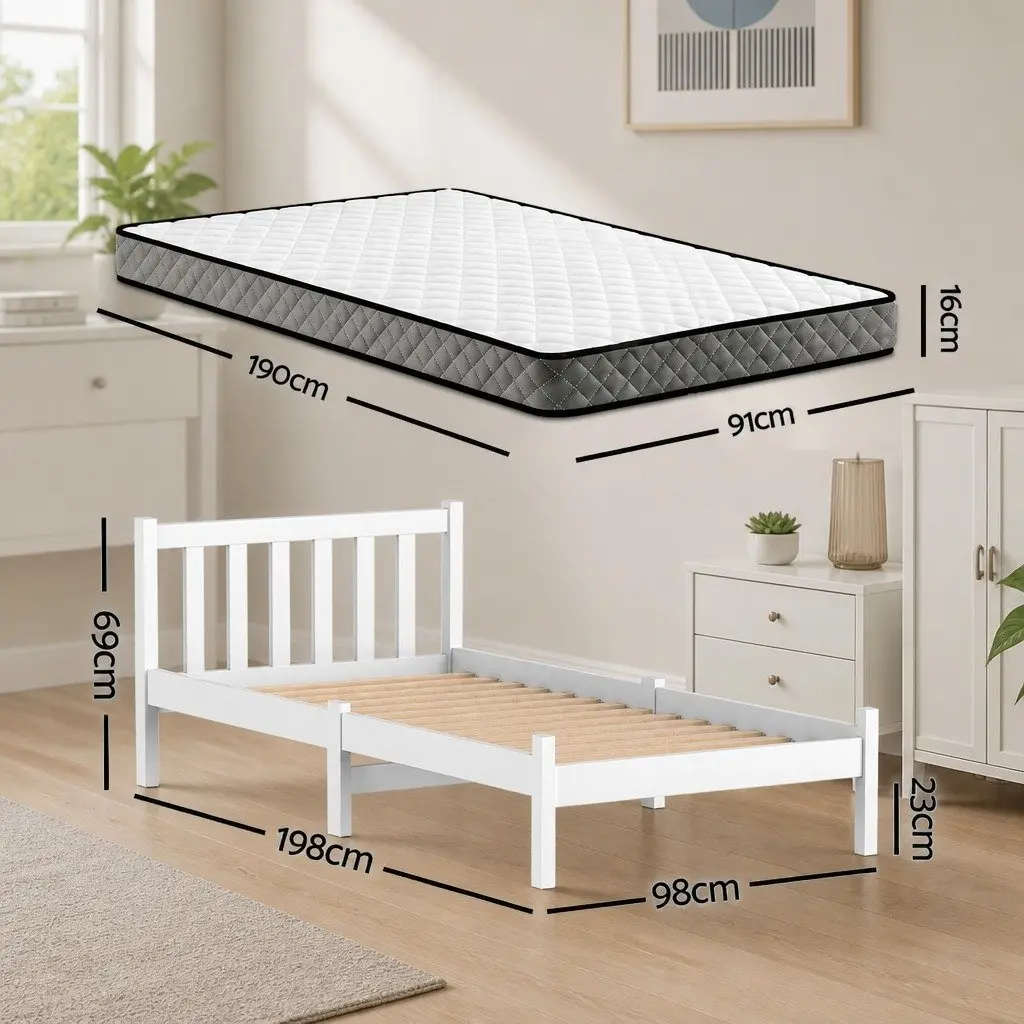 Single Bed Frame and Mattress Set in White Pine