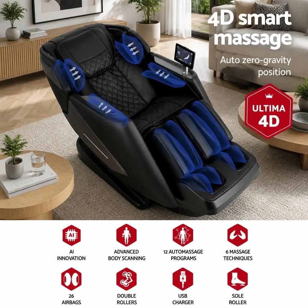 Massage Chair Recliner 4D Full Body Zero Gravity SL Track Heated Leather Black