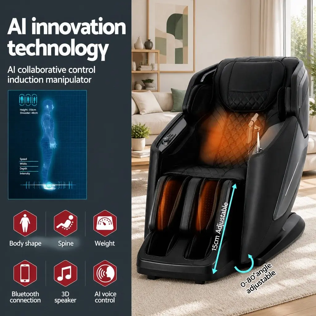 Massage Chair Recliner 4D Full Body Zero Gravity SL Track Heated Leather Black