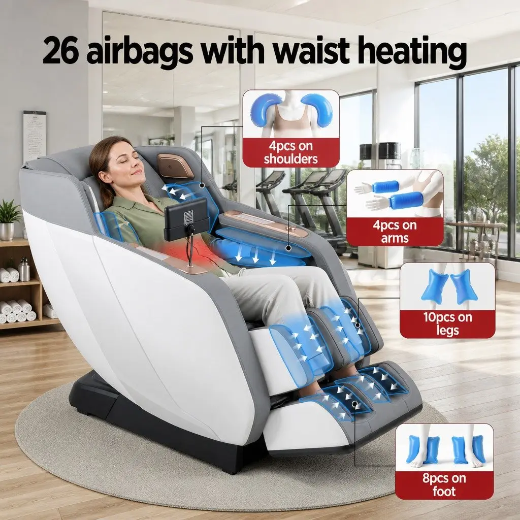 Electric Massage Chair Recliner Full Body Airbag Heat Therapy Bluetooth Speaker White Grey PU Leather
