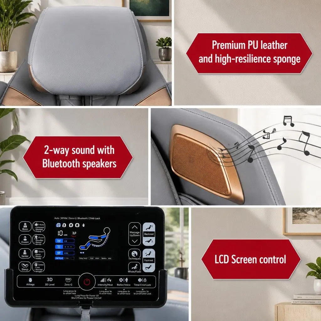Electric Massage Chair Recliner Full Body Airbag Heat Therapy Bluetooth Speaker White Grey PU Leather