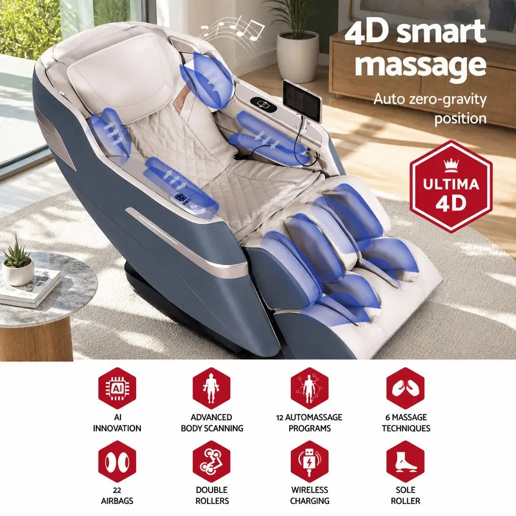 Massage Chair Recliner 4D Full Body SL Track Zero Gravity Heated Airbag Leather Grey White