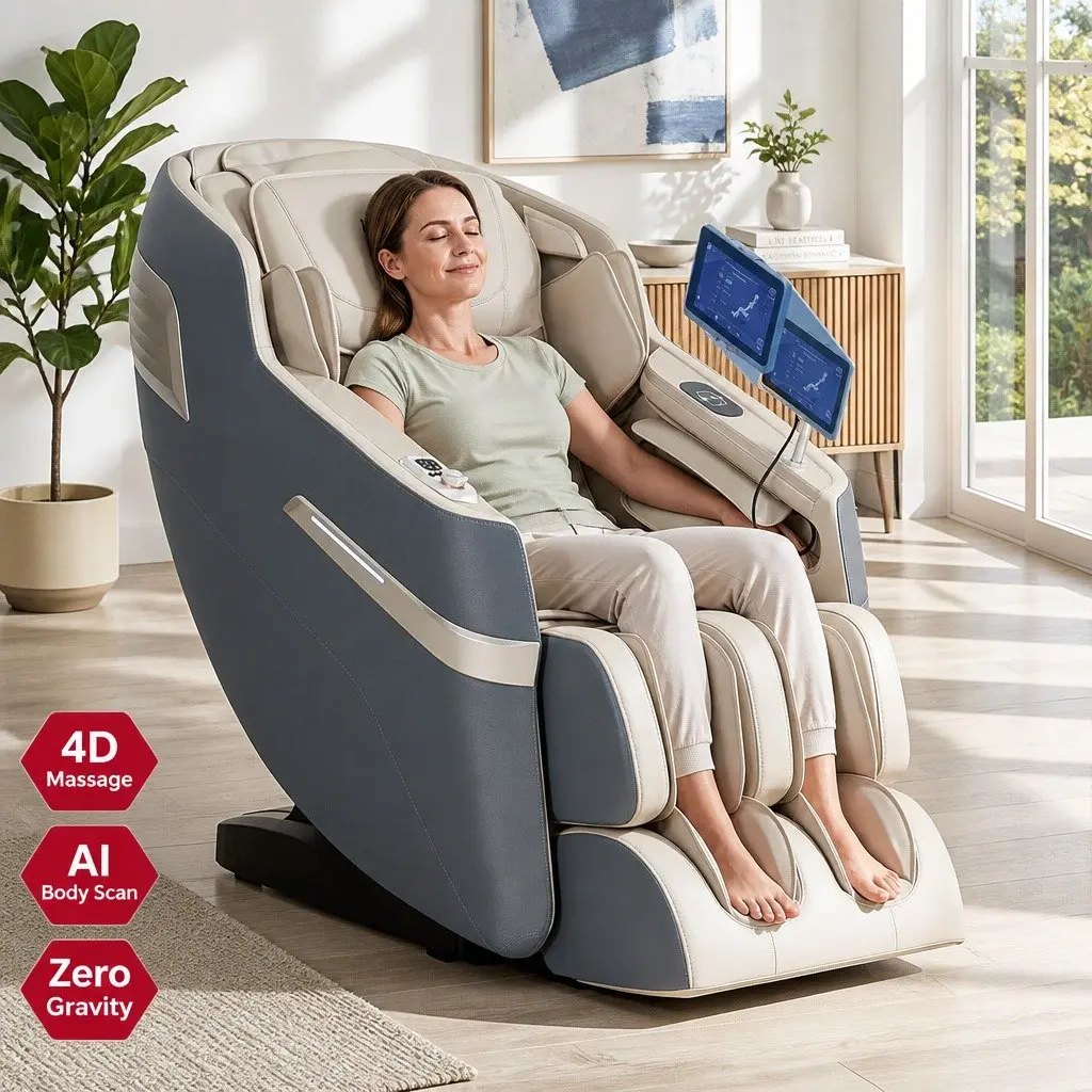 Massage Chair Recliner 4D Full Body SL Track Zero Gravity Heated Airbag Leather Grey White