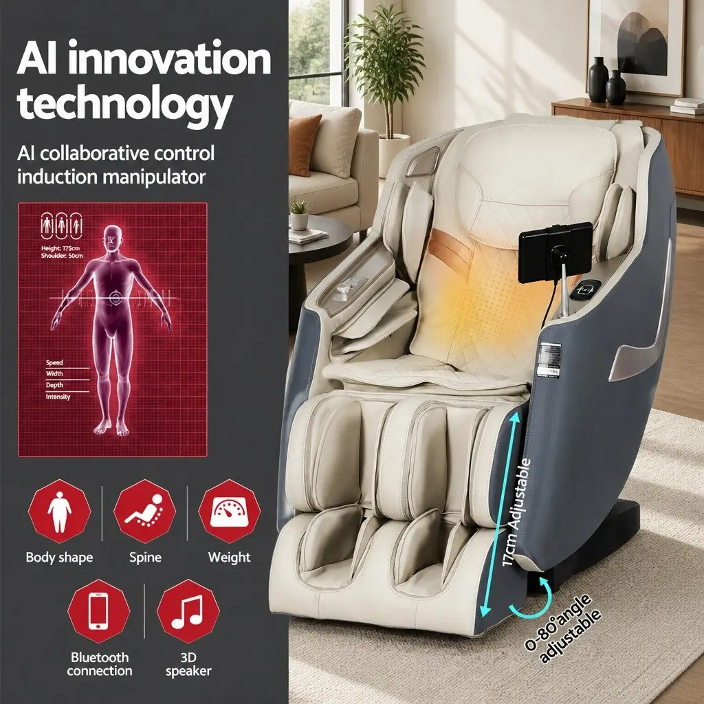 Massage Chair Electric Recliner 3D Grey Full Body Massager Leather Plastic Iron