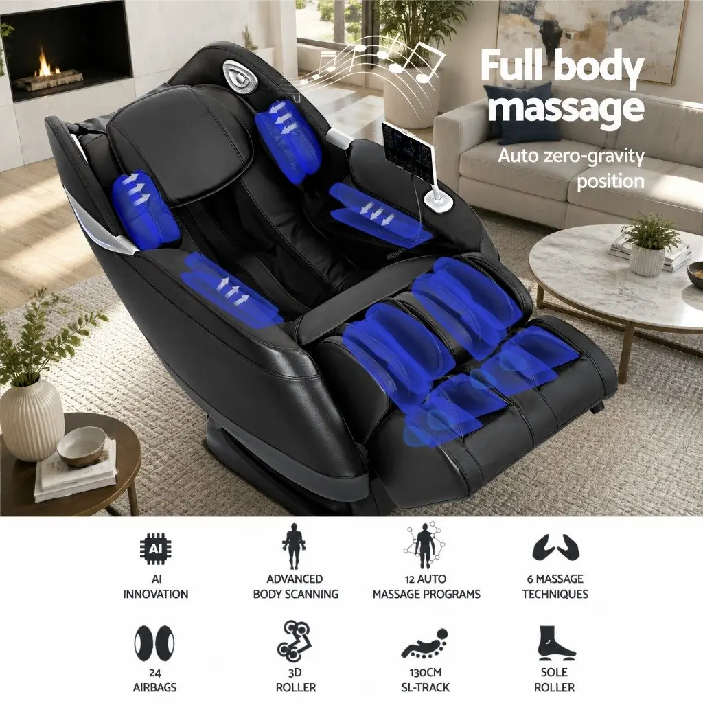 Massage Chair Electric Recliner 3D Black Leather Full Body Airbag Heated