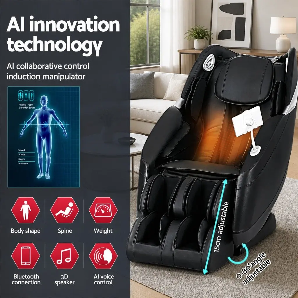 Massage Chair Electric Recliner 3D Black Leather Full Body Airbag Heated