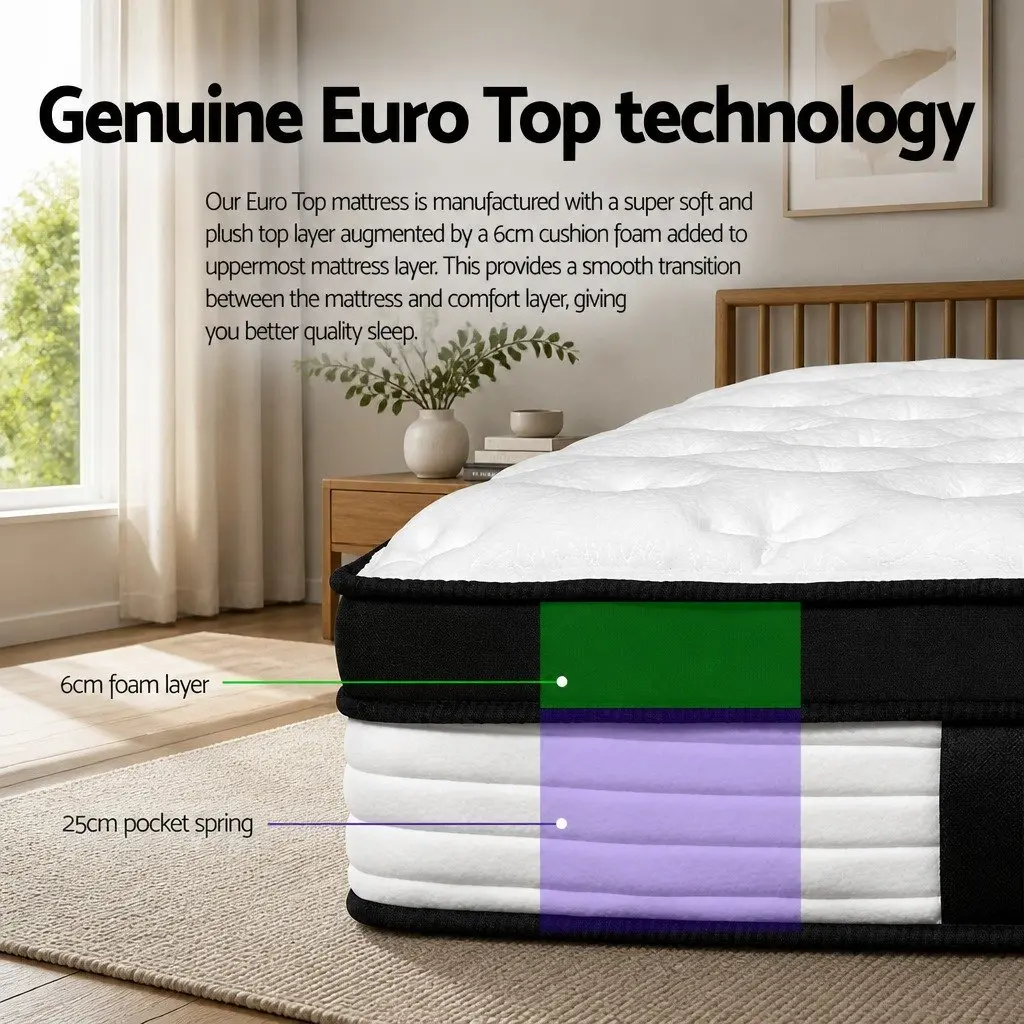 Queen Mattress Euro Top 31cm Plush Pocket Spring Medium Firmness