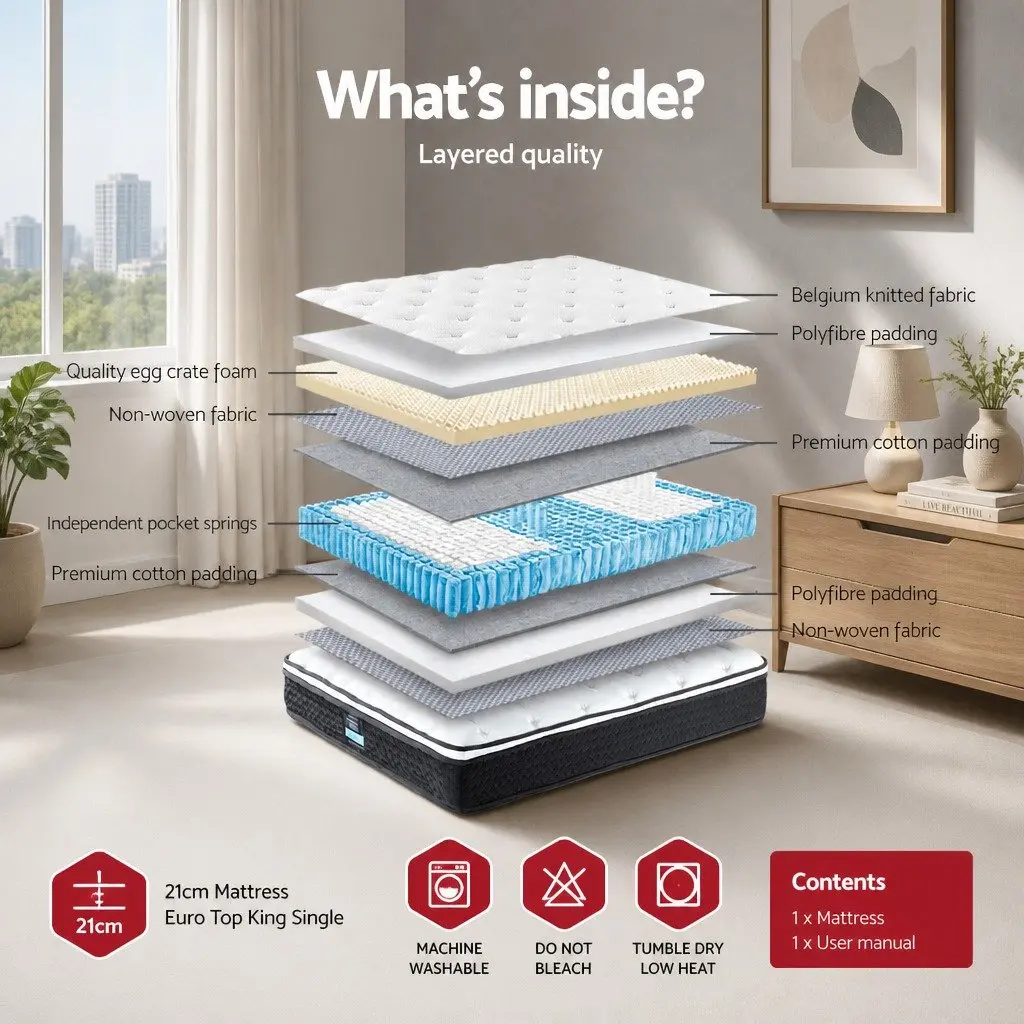 King Single Mattress 21cm Euro Top Bonnell Spring Medium Firm Support