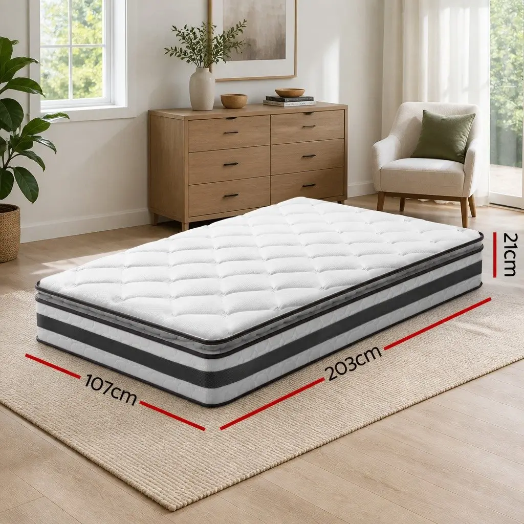 King Single Mattress Medium Firm 21cm Bonnell Spring Pillow Top Breathable White
