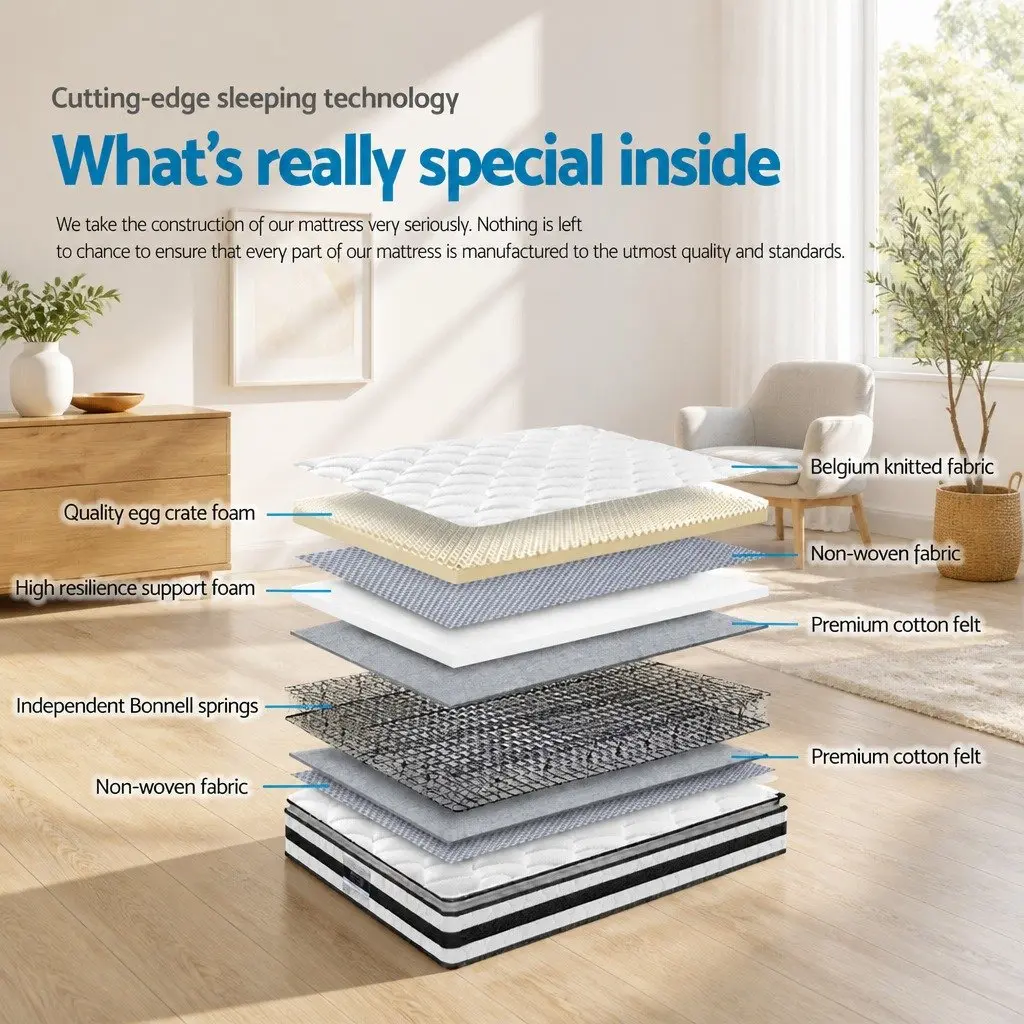 King Single Mattress Medium Firm 21cm Bonnell Spring Pillow Top Breathable White