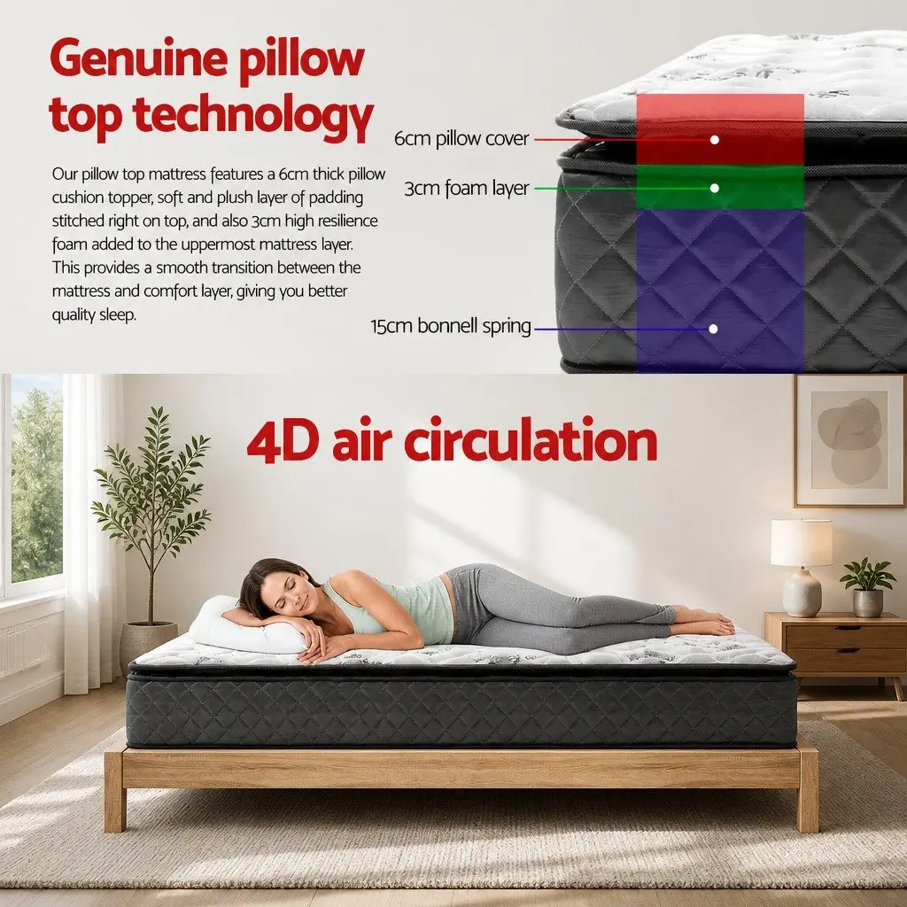 King Single Pillow Top Mattress Medium Firm 24cm Bonnell Springs Grey