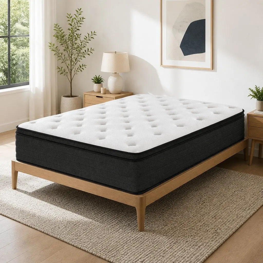 Queen Euro Top Mattress 34cm Medium Firm Pocket Springs White High-Density Foam