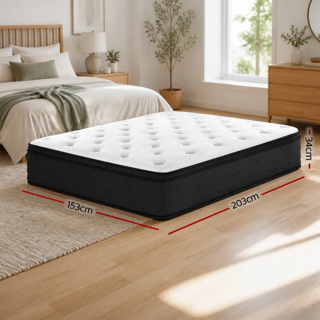 Queen Euro Top Mattress 34cm Medium Firm Pocket Springs White High-Density Foam