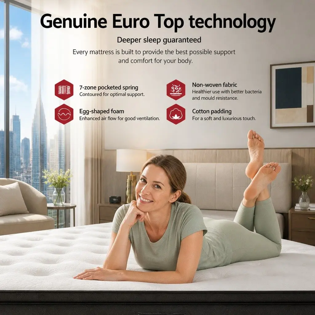 Queen Euro Top Mattress 34cm Medium Firm Pocket Springs White High-Density Foam